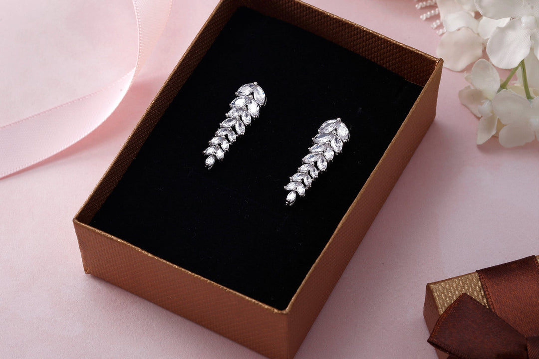 Wedding Fern Design Marquise CZ Earrings, Marquise Cz Dangle Earrings, Cz Dangle Earrings, Leaf Design Earrings, Cz Dangle EArrings, Brass Dangle Earrings