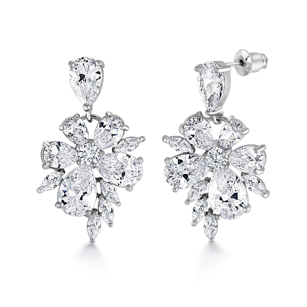Wedding Flower Design Teardrop CZ Dangle Earrings, Wedding Flower Design Earrings, Teardrop CZ Dangle Earrings, CZ Dangle Earrings, Brass Dangle Earrings
