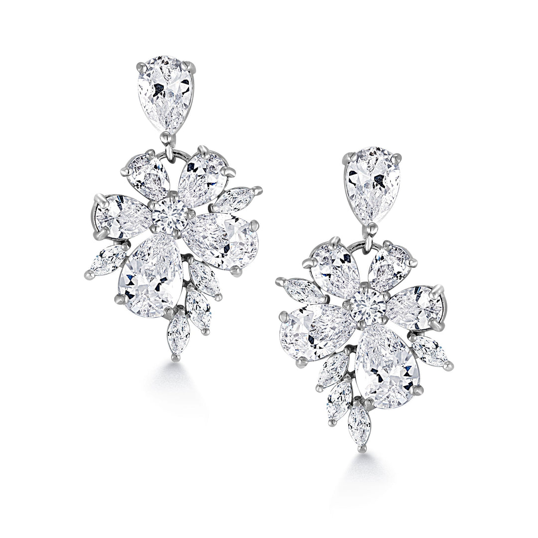 Wedding Flower Design Teardrop CZ Dangle Earrings, Wedding Flower Design Earrings, Teardrop CZ Dangle Earrings, CZ Dangle Earrings, Brass Dangle Earrings