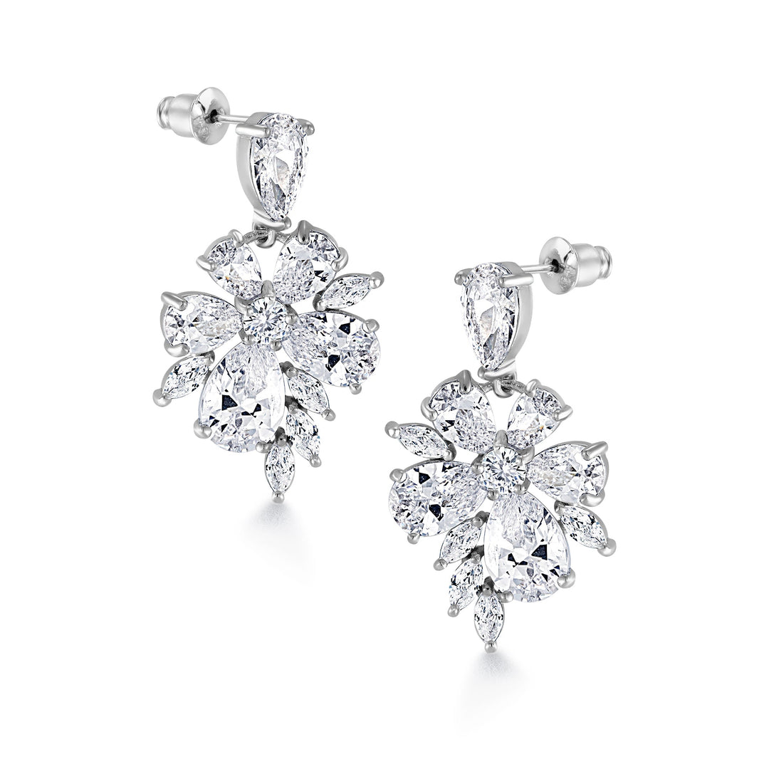 Wedding Flower Design Teardrop CZ Dangle Earrings, Wedding Flower Design Earrings, Teardrop CZ Dangle Earrings, CZ Dangle Earrings, Brass Dangle Earrings
