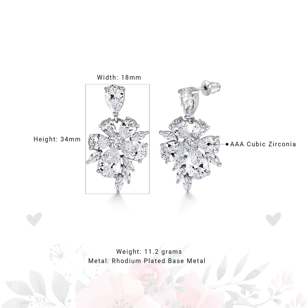 Wedding Flower Design Teardrop CZ Dangle Earrings, Wedding Flower Design Earrings, Teardrop CZ Dangle Earrings, CZ Dangle Earrings, Brass Dangle Earrings