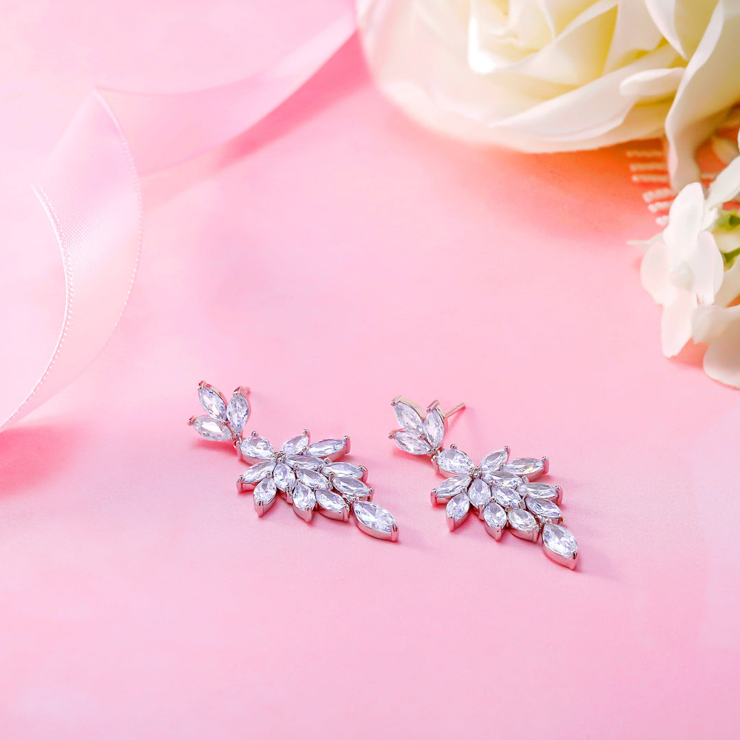 Marquise CZ  Dangle Earrings, CZ  Dangle Earrings, Marquise Dangle Earrings, Flower Design Dangle Earrings, Brass Dangle Earrings