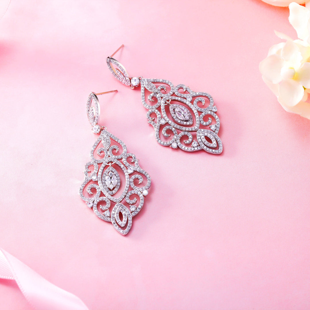 Victorian Style Lace Filigree CZ  Dangle Earrings, Victorian Style Lace Filigree Earrings, CZ  Dangle Earrings, Brass Dangle Earrings