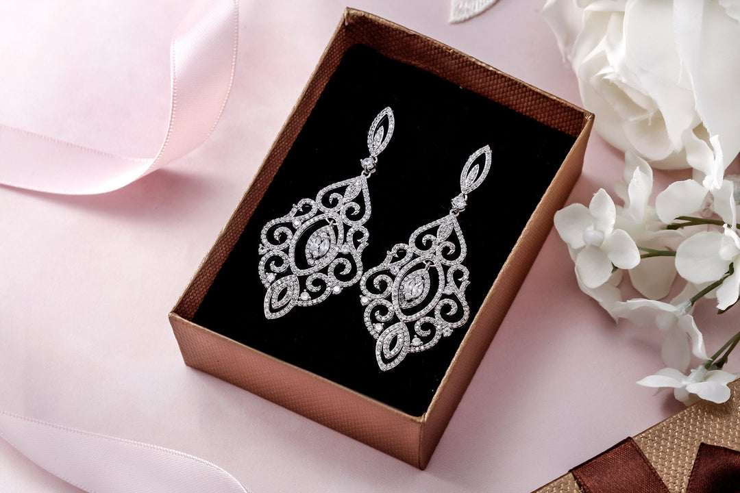Victorian Style Lace Filigree CZ  Dangle Earrings, Victorian Style Lace Filigree Earrings, CZ  Dangle Earrings, Brass Dangle Earrings