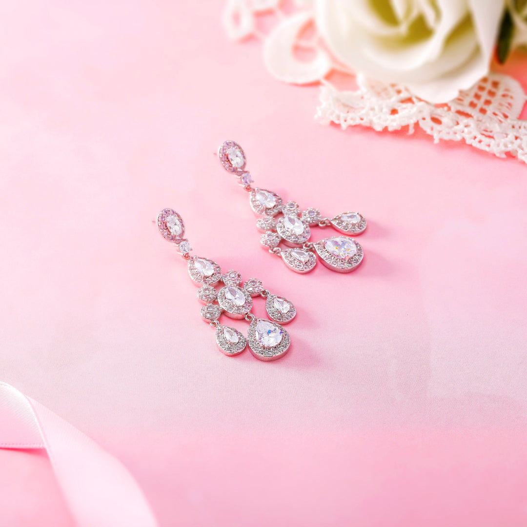Teardrop Chandelier Design Wedding Dangle Earrings, Chandelier Design Earrings, Halo Dangle Earrings, Cz Dangle Earrings, Brass Dangle Earrings
