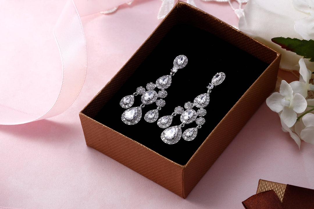 Teardrop Chandelier Design Wedding Dangle Earrings, Chandelier Design Earrings, Halo Dangle Earrings, Cz Dangle Earrings, Brass Dangle Earrings