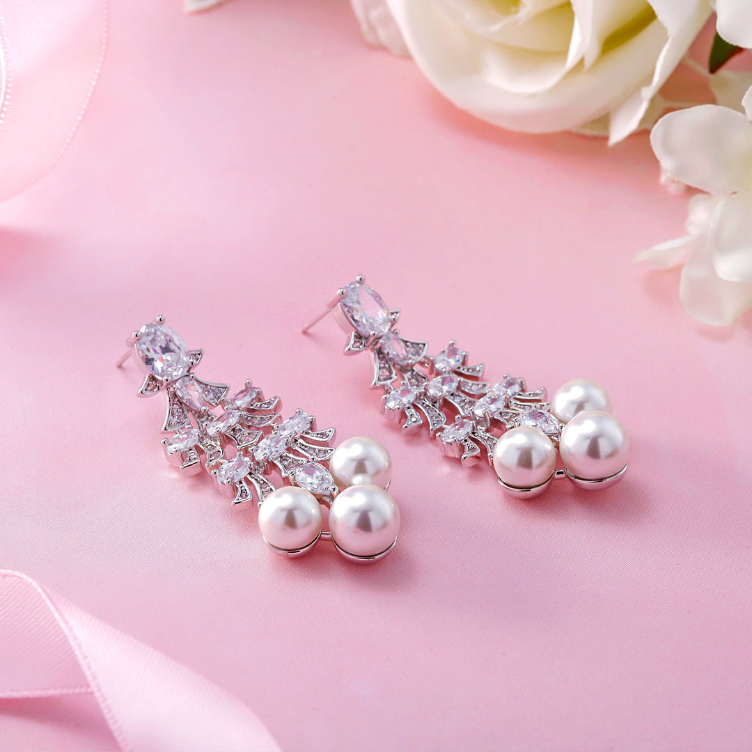 Pearl And Cz Chandelier Design Wedding Dangle Earrings, Perfect drop earrings for wedding