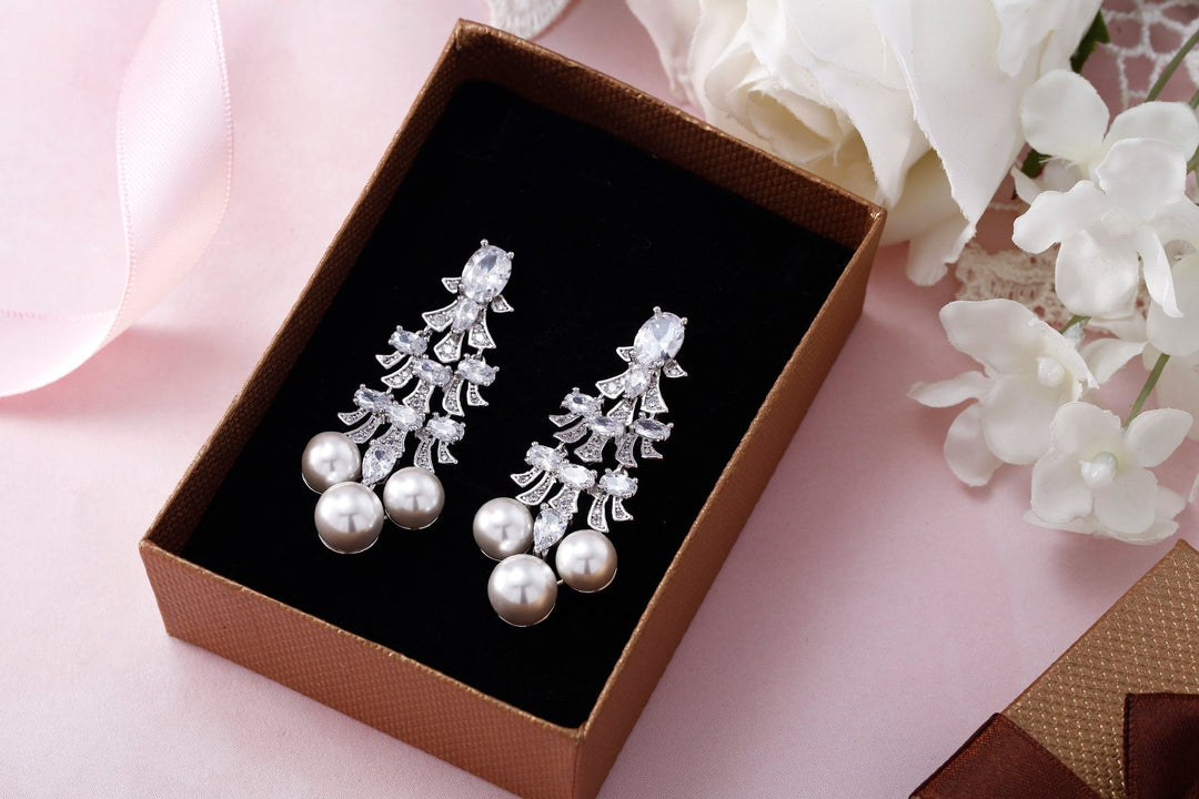 Pearl And Cz Chandelier Design Wedding Dangle Earrings, Perfect drop earrings for wedding