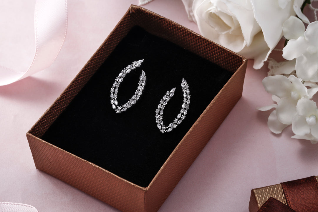 Curved 'V' Shaped Marquise And Round CZ  Earrings,  AAA Cubic Zirconia Dangle Earrings, Perfect drop earrings for wedding