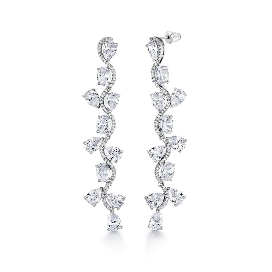 Multi Shape CZ Wedding Long Flower Design Earrings, Wave Design Earrings, CZ Wedding Long Earrings, Brass Dangle Earrings
