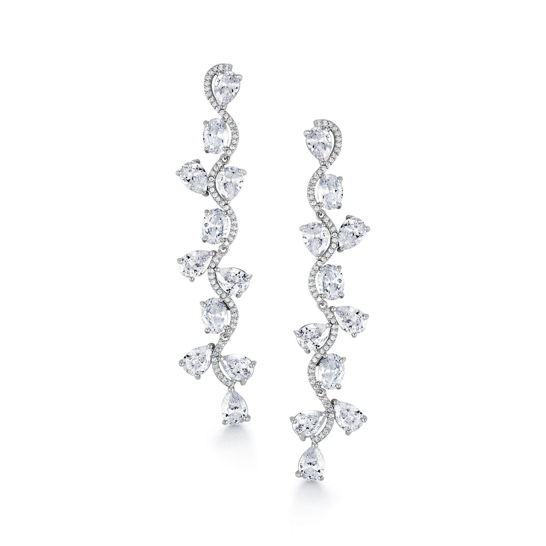 Multi Shape CZ Wedding Long Flower Design Earrings, Wave Design Earrings, CZ Wedding Long Earrings, Brass Dangle Earrings