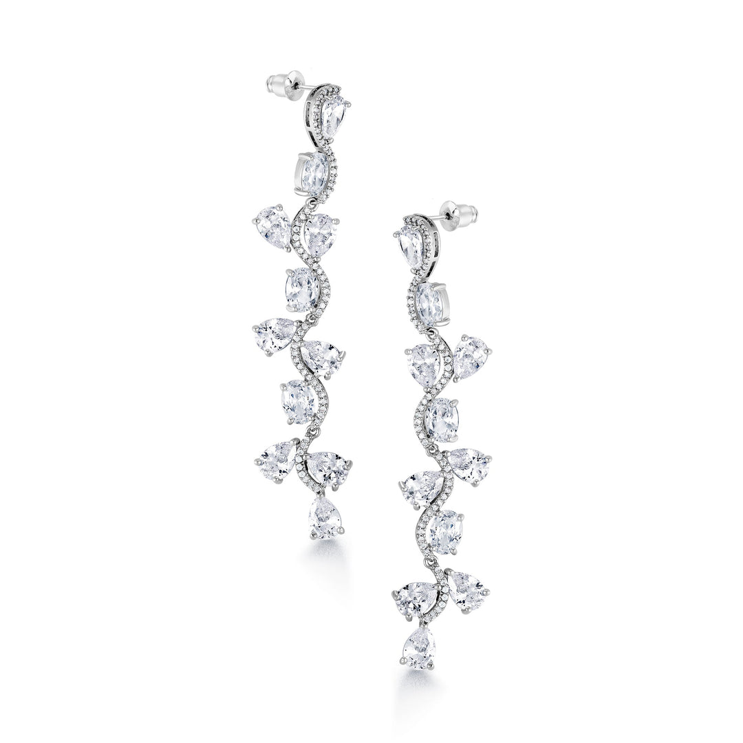 Multi Shape CZ Wedding Long Flower Design Earrings, Wave Design Earrings, CZ Wedding Long Earrings, Brass Dangle Earrings