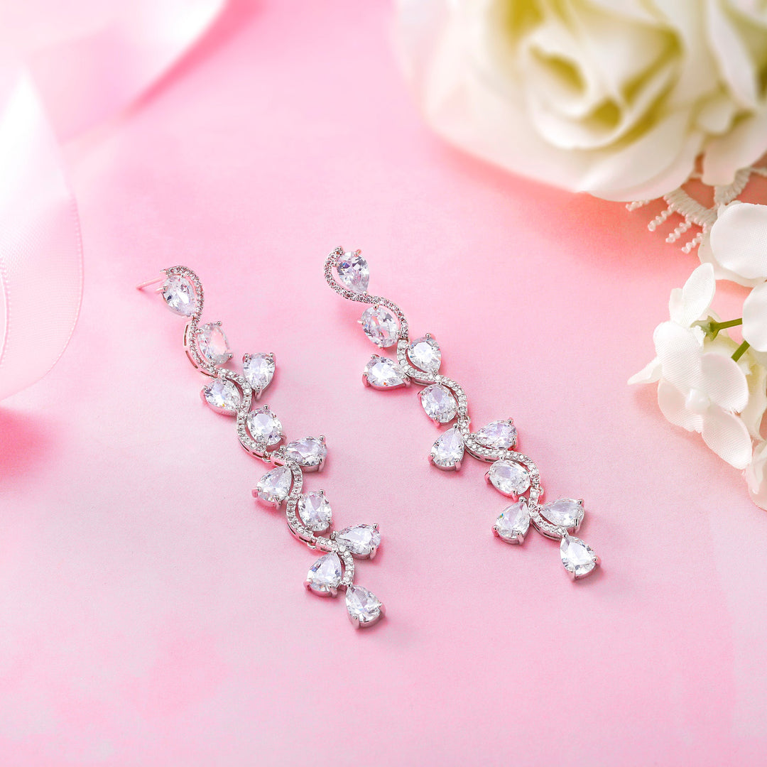 Multi Shape CZ Wedding Long Flower Design Earrings, Wave Design Earrings, CZ Wedding Long Earrings, Brass Dangle Earrings