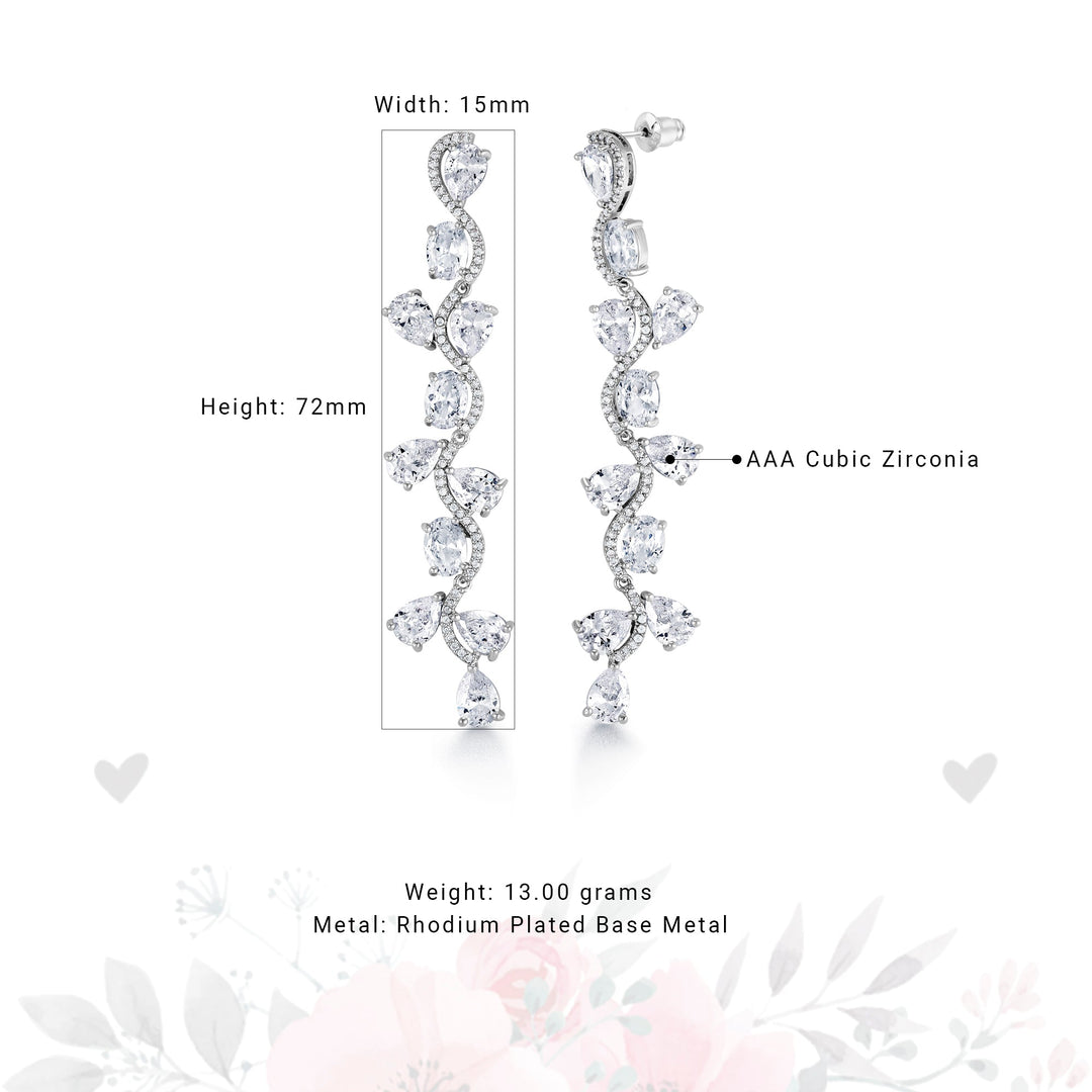Multi Shape CZ Wedding Long Flower Design Earrings, Wave Design Earrings, CZ Wedding Long Earrings, Brass Dangle Earrings