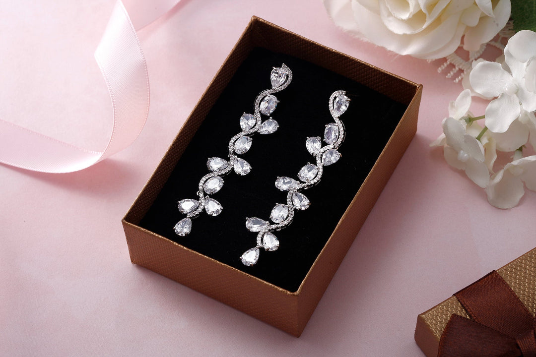 Multi Shape CZ Wedding Long Flower Design Earrings, Wave Design Earrings, CZ Wedding Long Earrings, Brass Dangle Earrings