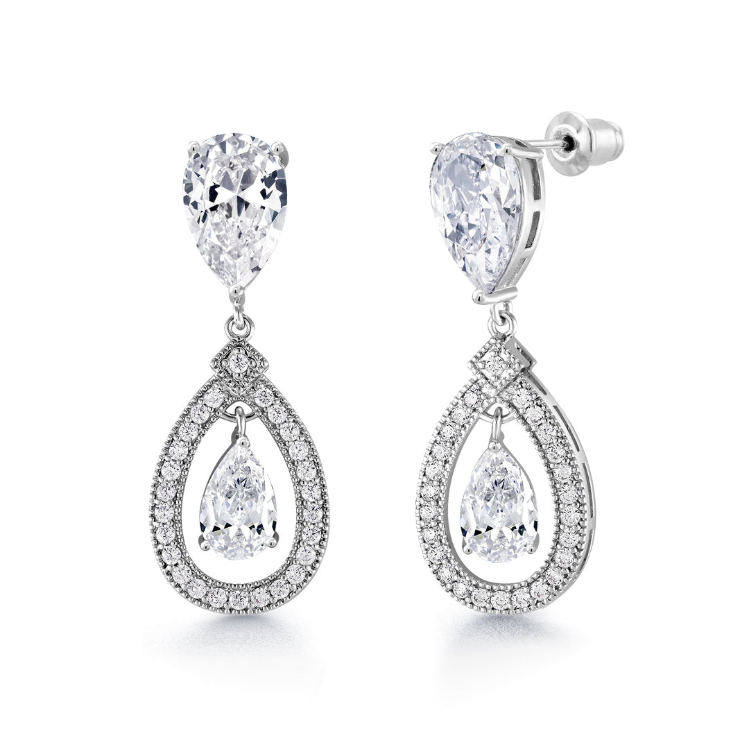 Wedding Teardrop Dangle Earrings, Finest Quality Pear and Round Cut AAA Cubic Zirconia Dangle Earrings