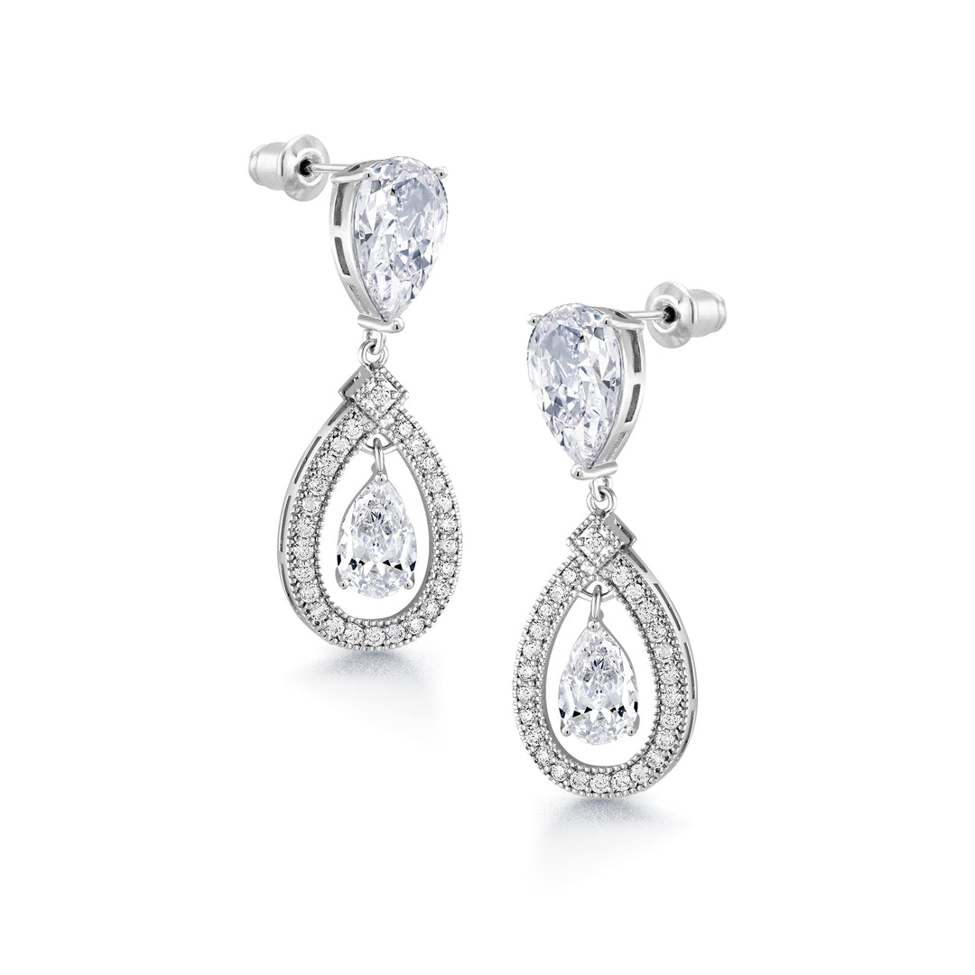 Wedding Teardrop Dangle Earrings, Finest Quality Pear and Round Cut AAA Cubic Zirconia Dangle Earrings
