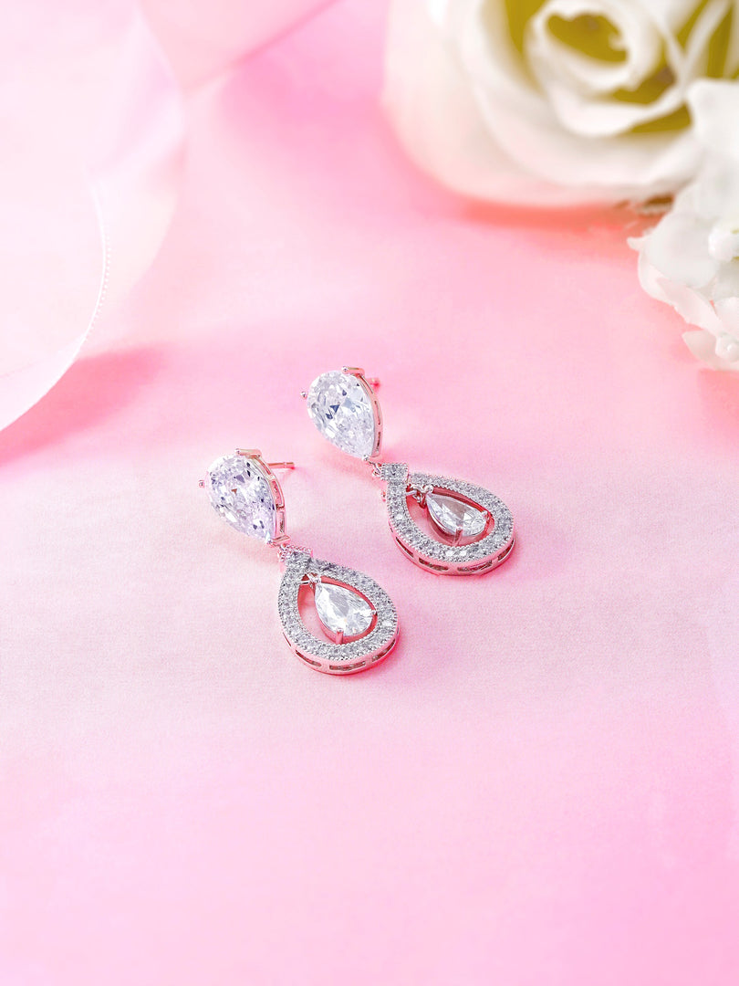 Wedding Teardrop Dangle Earrings, Finest Quality Pear and Round Cut AAA Cubic Zirconia Dangle Earrings
