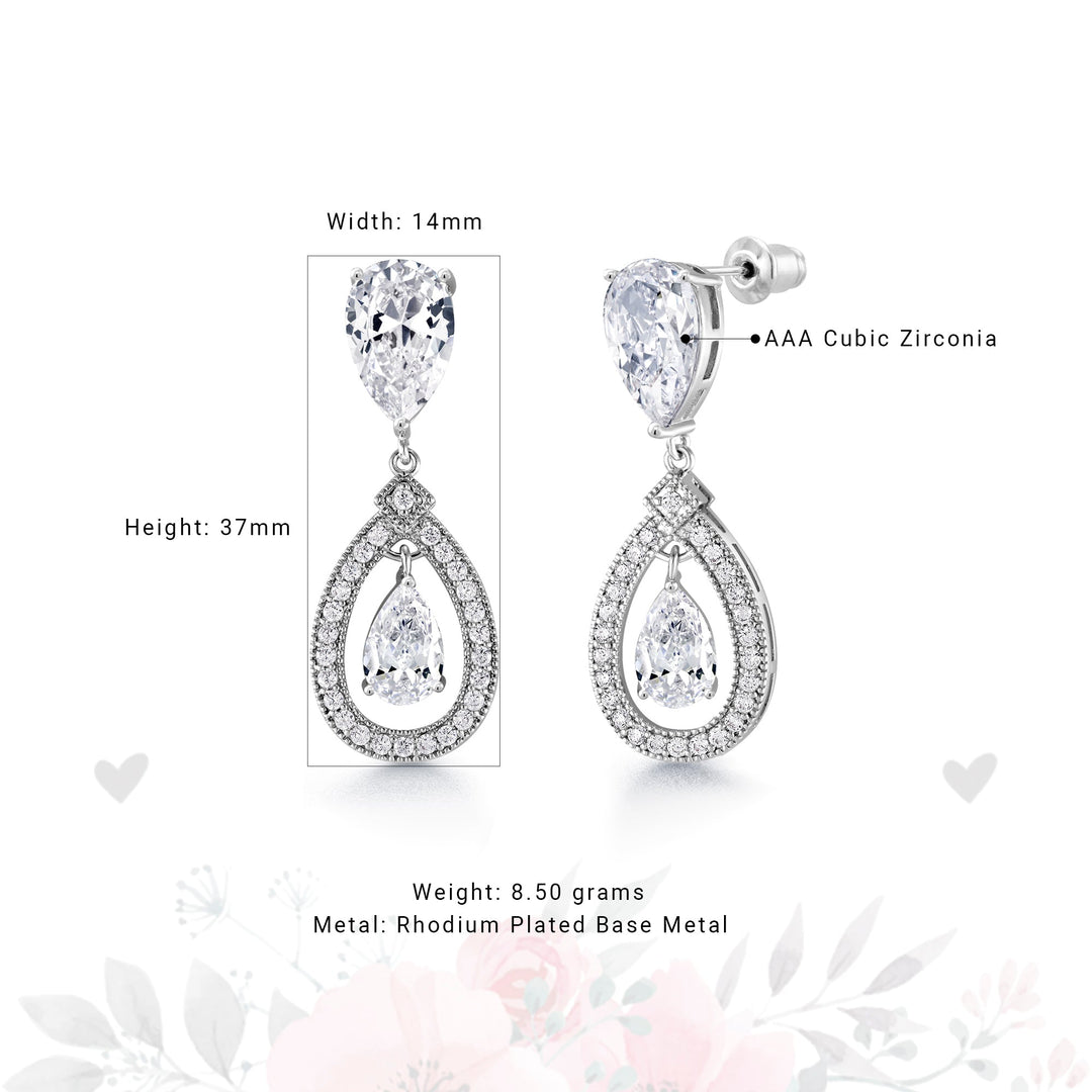 Wedding Teardrop Dangle Earrings, Finest Quality Pear and Round Cut AAA Cubic Zirconia Dangle Earrings