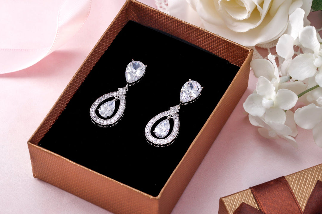 Wedding Teardrop Dangle Earrings, Finest Quality Pear and Round Cut AAA Cubic Zirconia Dangle Earrings