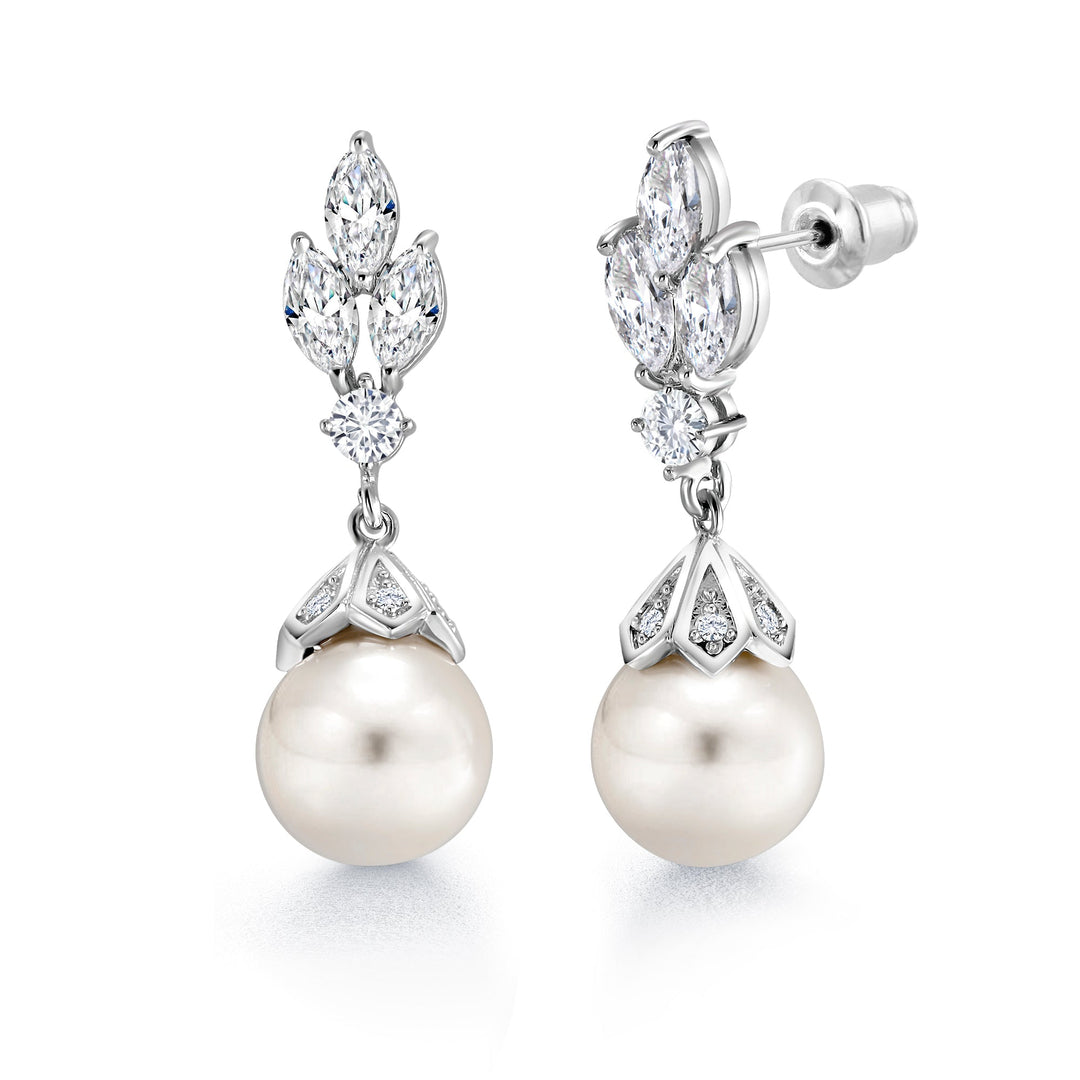 Wedding Pearl Earrings,  Finest Quality Shell Pearl Dangle Earrings,  Marquise and Round AAA Cubic Zirconia Earrings