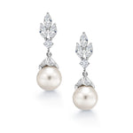 Load image into Gallery viewer, Wedding Pearl Earrings,  Finest Quality Shell Pearl Dangle Earrings,  Marquise and Round AAA Cubic Zirconia Earrings
