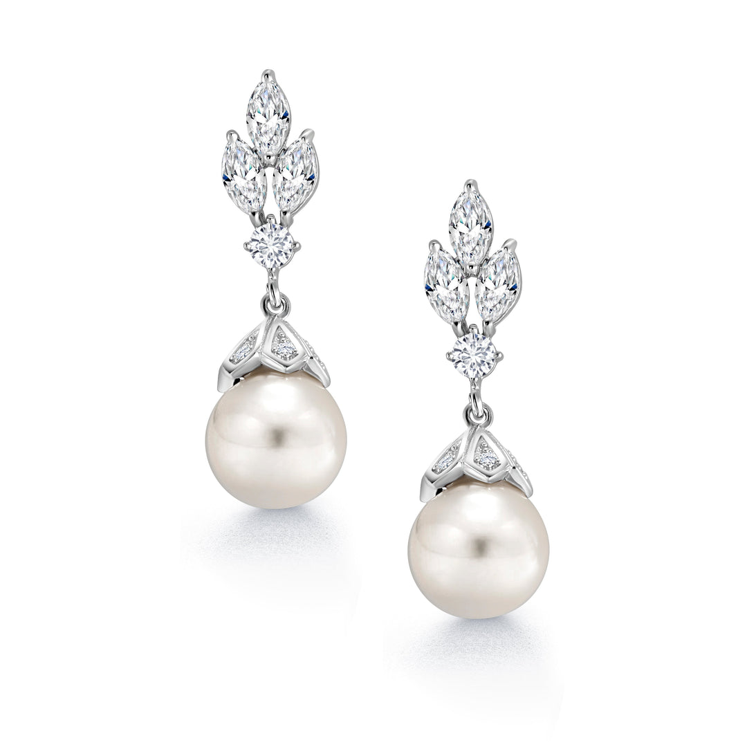 Wedding Pearl Earrings,  Finest Quality Shell Pearl Dangle Earrings,  Marquise and Round AAA Cubic Zirconia Earrings