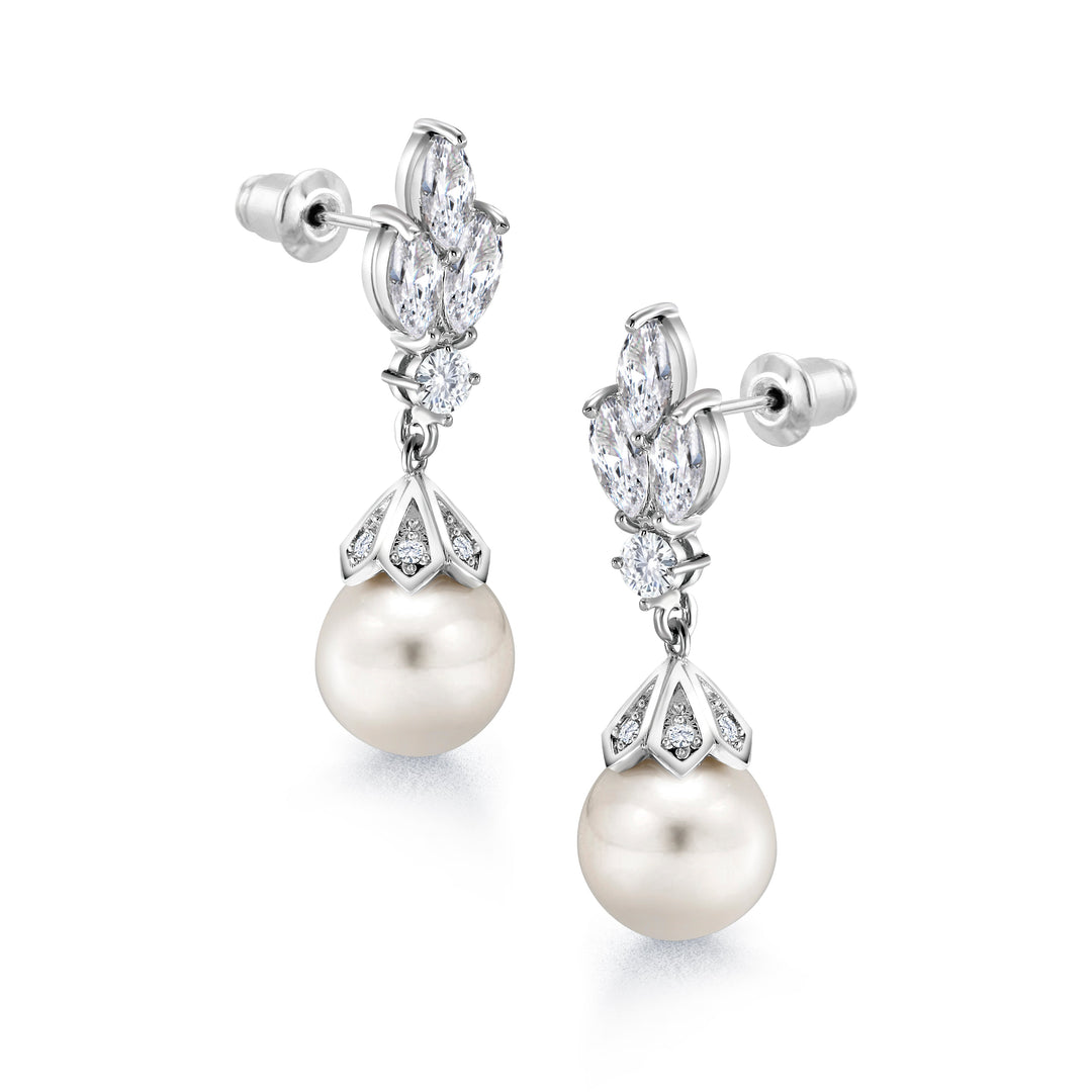 Wedding Pearl Earrings,  Finest Quality Shell Pearl Dangle Earrings,  Marquise and Round AAA Cubic Zirconia Earrings