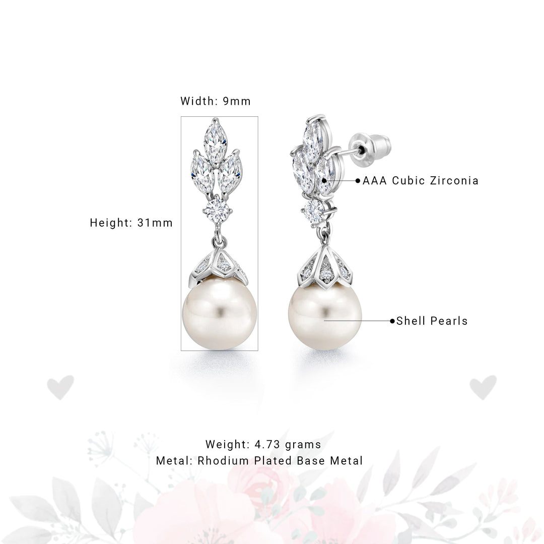 Wedding Pearl Earrings,  Finest Quality Shell Pearl Dangle Earrings,  Marquise and Round AAA Cubic Zirconia Earrings