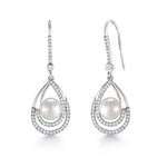 Load image into Gallery viewer, Pearl Fish Hook Earrings, Finest Quality Shell Pearl Dangle Earrings, Round AAA Cubic Zirconia Dangle Earrings, Fishhook Dangle Earrings
