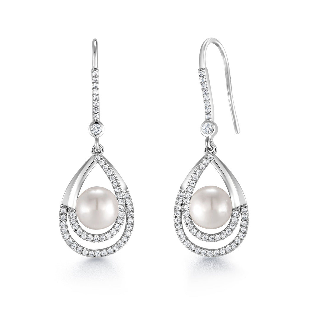 Pearl Fish Hook Earrings, Finest Quality Shell Pearl Dangle Earrings, Round AAA Cubic Zirconia Dangle Earrings, Fishhook Dangle Earrings