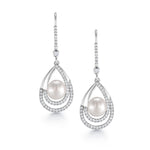 Load image into Gallery viewer, Pearl Fish Hook Earrings, Finest Quality Shell Pearl Dangle Earrings, Round AAA Cubic Zirconia Dangle Earrings, Fishhook Dangle Earrings
