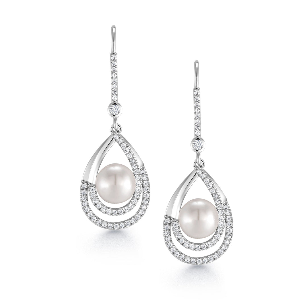 Pearl Fish Hook Earrings, Finest Quality Shell Pearl Dangle Earrings, Round AAA Cubic Zirconia Dangle Earrings, Fishhook Dangle Earrings
