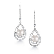 Pearl Fish Hook Earrings, Finest Quality Shell Pearl Dangle Earrings, Round AAA Cubic Zirconia Dangle Earrings, Fishhook Dangle Earrings