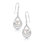 Load image into Gallery viewer, Pearl Fish Hook Earrings, Finest Quality Shell Pearl Dangle Earrings, Round AAA Cubic Zirconia Dangle Earrings, Fishhook Dangle Earrings
