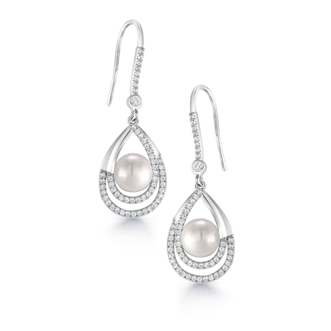 Pearl Fish Hook Earrings, Finest Quality Shell Pearl Dangle Earrings, Round AAA Cubic Zirconia Dangle Earrings, Fishhook Dangle Earrings