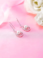 Load image into Gallery viewer, Pearl Fish Hook Earrings, Finest Quality Shell Pearl Dangle Earrings, Round AAA Cubic Zirconia Dangle Earrings, Fishhook Dangle Earrings
