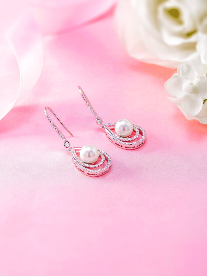 Pearl Fish Hook Earrings, Finest Quality Shell Pearl Dangle Earrings, Round AAA Cubic Zirconia Dangle Earrings, Fishhook Dangle Earrings