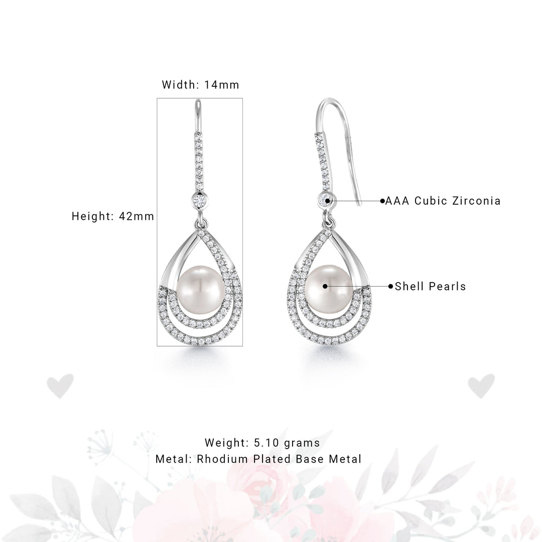 Pearl Fish Hook Earrings, Finest Quality Shell Pearl Dangle Earrings, Round AAA Cubic Zirconia Dangle Earrings, Fishhook Dangle Earrings