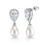 Load image into Gallery viewer, Freshwater Pearl with Cubic Zirconia Earrings,  Finest Freshwater Pearl Dangle Earrings,  Pear Shape Cz Dangle Earrings
