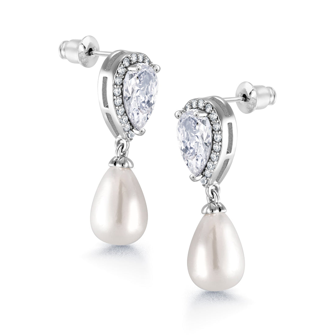 Freshwater Pearl with Cubic Zirconia Earrings,  Finest Freshwater Pearl Dangle Earrings,  Pear Shape Cz Dangle Earrings