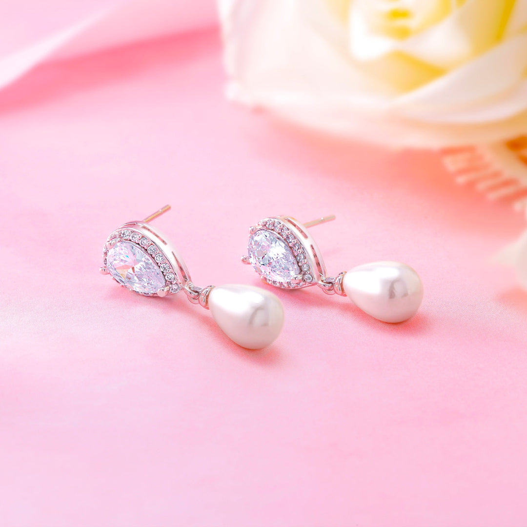 Freshwater Pearl with Cubic Zirconia Earrings,  Finest Freshwater Pearl Dangle Earrings,  Pear Shape Cz Dangle Earrings