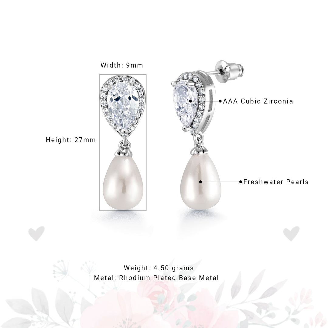 Freshwater Pearl with Cubic Zirconia Earrings,  Finest Freshwater Pearl Dangle Earrings,  Pear Shape Cz Dangle Earrings