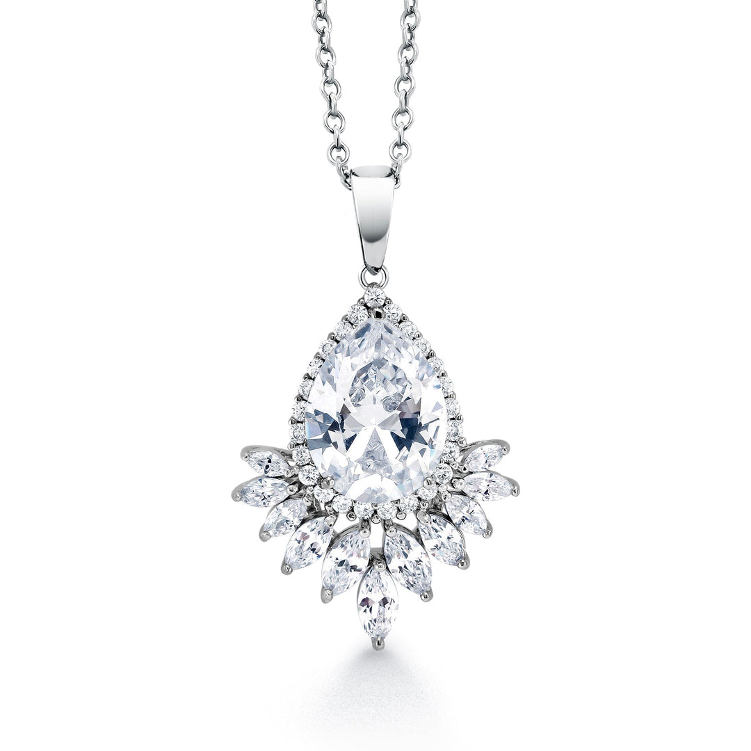 Wedding Teardrop and Marquise AAA Cubic Zirconia Chandelier Design Halo Pendant Necklace - 16+2 Inch Chain