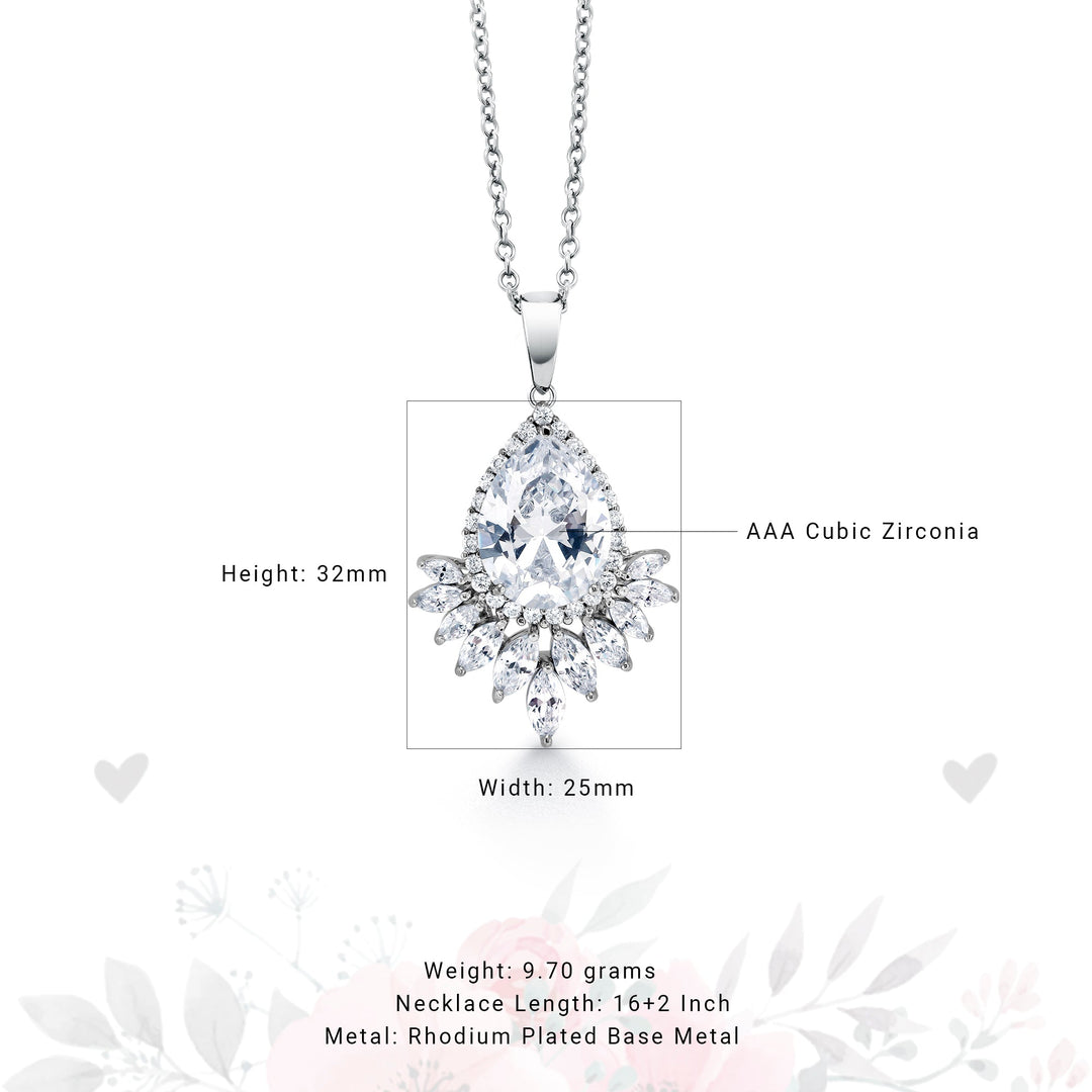 Wedding Teardrop and Marquise AAA Cubic Zirconia Chandelier Design Halo Pendant Necklace - 16+2 Inch Chain