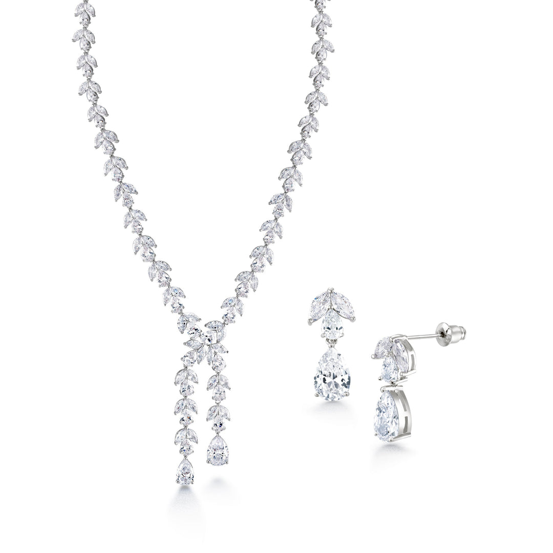 Wedding Teardrop and Marquise AAA Cubic Zirconia Chandelier Design Earrings Necklace Set- 17 Inch Length