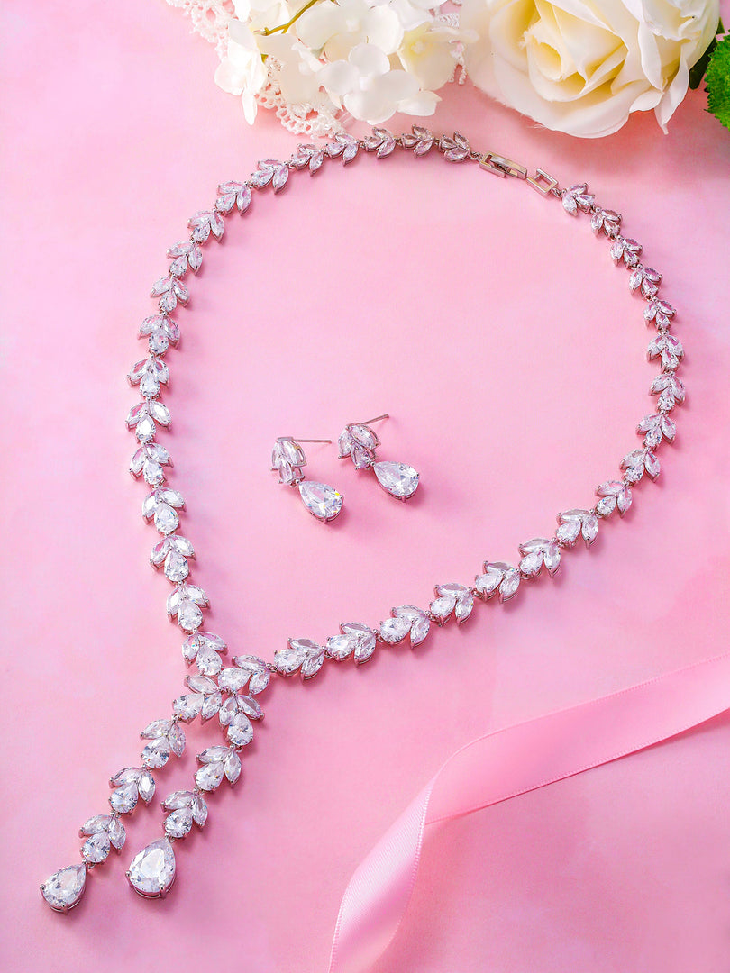 Wedding Teardrop and Marquise AAA Cubic Zirconia Chandelier Design Earrings Necklace Set- 17 Inch Length