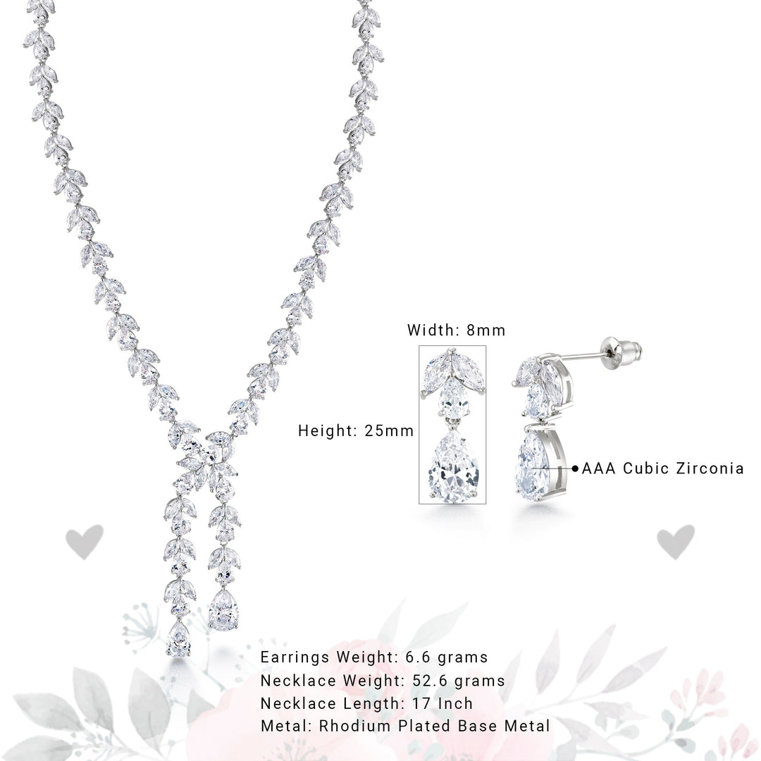 Wedding Teardrop and Marquise AAA Cubic Zirconia Chandelier Design Earrings Necklace Set- 17 Inch Length