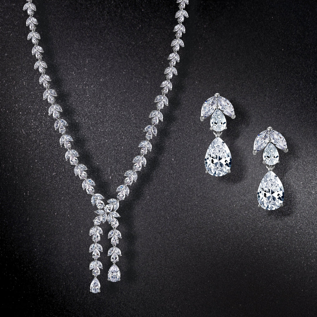 Wedding Teardrop and Marquise AAA Cubic Zirconia Chandelier Design Earrings Necklace Set- 17 Inch Length