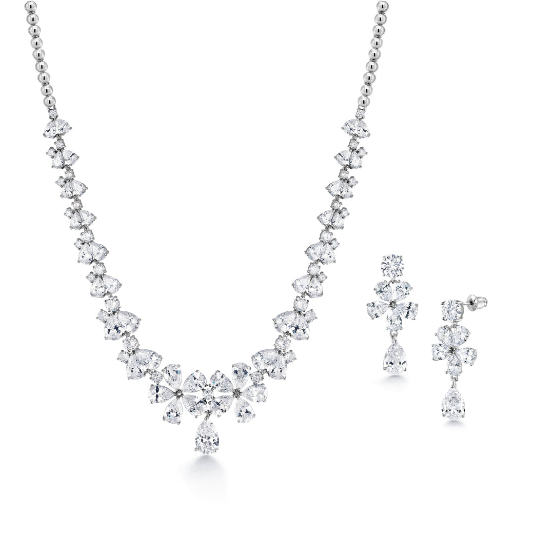 Wedding Teardrop CZ Flower Design Necklace Set- 17 Inch Length, Teardrop Earring And Necklace Set, Brass flower Shape Bridal CZ Jewelry Set